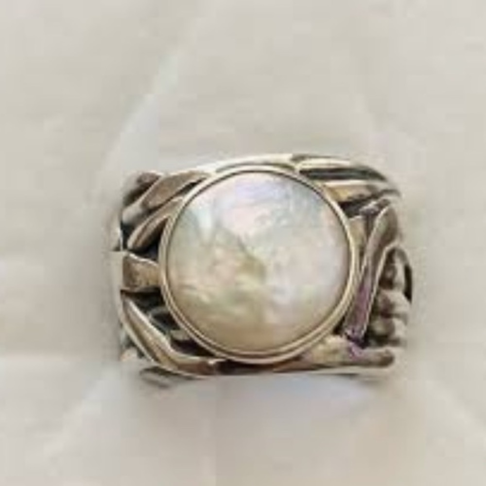 Silpada Ring - Retired - Woven Sterling Silver Band with coin Pearl- size 10